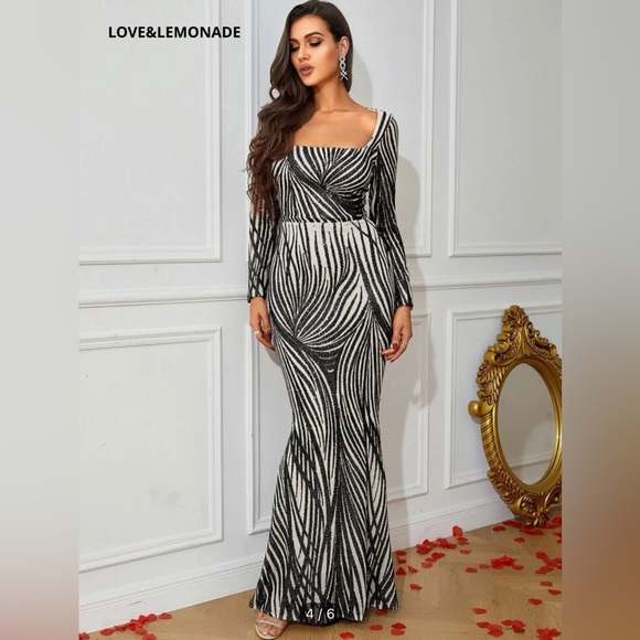 Square Neck Mermaid Dress Long Sleeve Maxi Evening Prom Dress - Picture 4 of 6